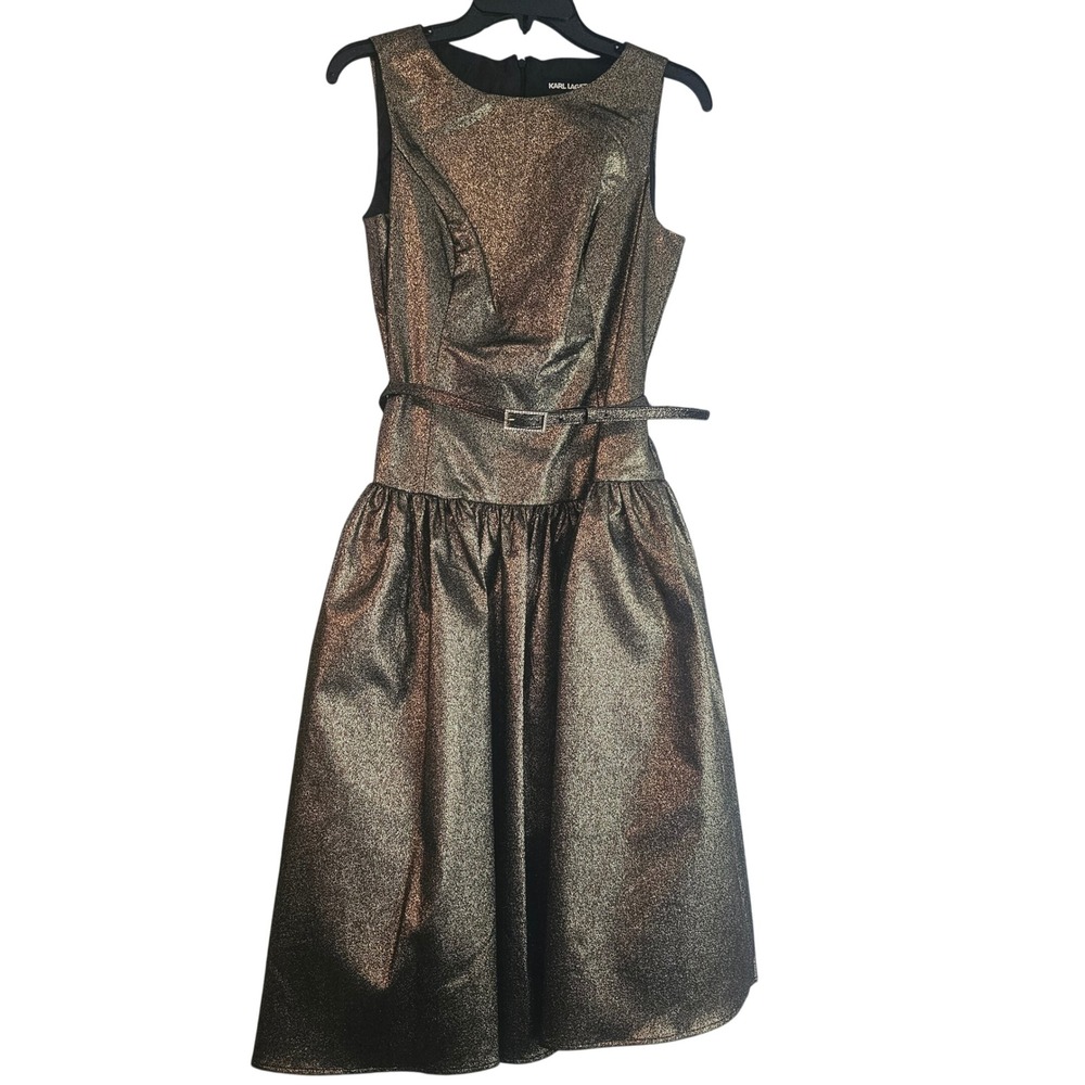 Karl Lagerfeld Paris Sz 4 Metallic Gold Glitter Belted Sleeveless Dress NWT 1437